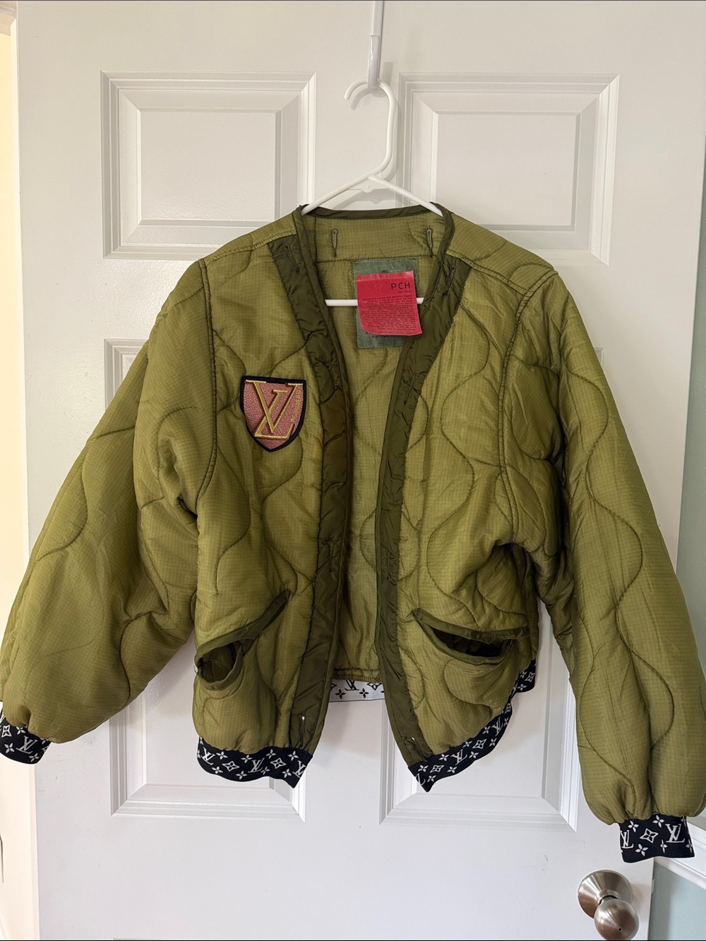 Olive Designer-Inspired Quilted Puffer Jacket with Branded Patch